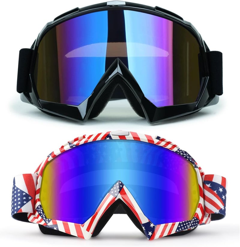 XYOP Motorcycle Goggles 2 Pack ATV Dirt Bike Motocross Goggles MX Riding Goggels UTV Helmet Goggles Offroad Goggle UV400 Windproof Powersports Goggle for Adults Youth Kids（Flag&Black Frame+Color Lens） - Image 1